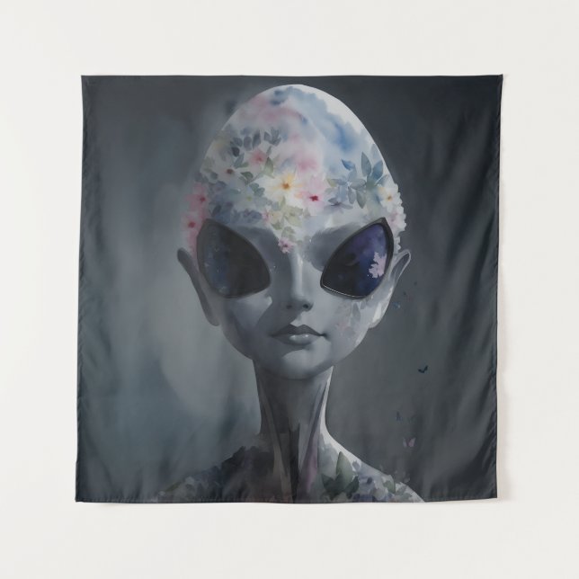 Gray Alien Watercolor Floral Portrait Tapestry (Front)