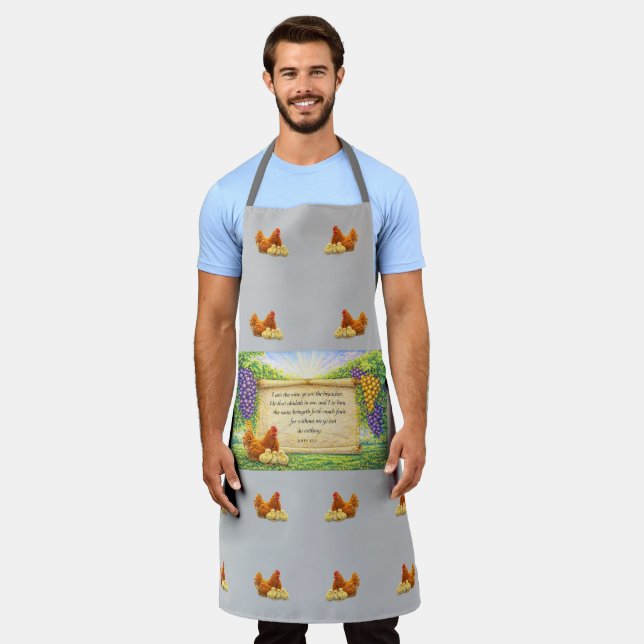 Gray All-Over Apron with Chickens & Bible Verse (Worn)