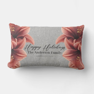 Gray Amaryllis Custom Name Happy Holidays Lumbar Pillow