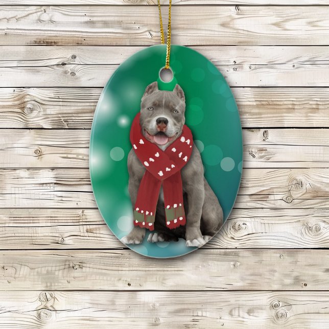 Gray American Bully Dog Christmas  Ceramic Ornament (Creator Uploaded)
