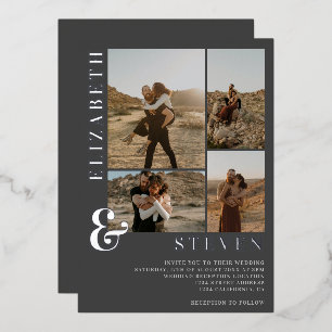 Gray ampersand 4 photo grid wedding foil invitation