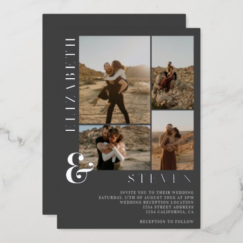 Gray ampersand 4 photo grid wedding foil invitation