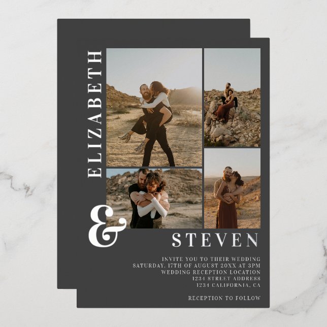 Gray ampersand 4 photo grid wedding foil invitation (Front/Back)