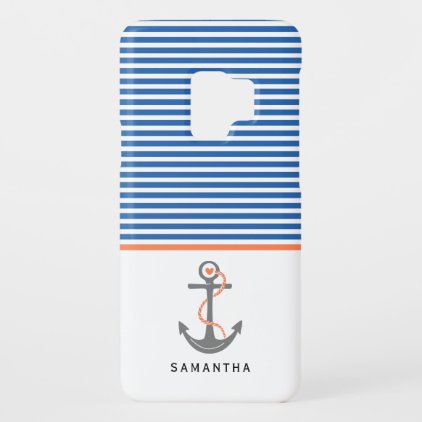 Gray anchor and blue, white stripes coral nautical Case-Mate samsung galaxy s9 case