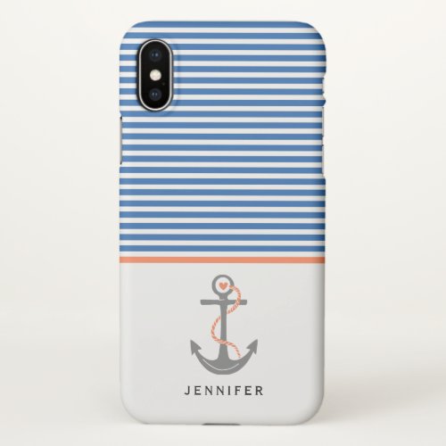 Gray anchor and blue white stripes coral nautical