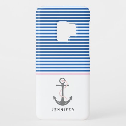 Gray anchor and blue, white stripes pink nautical Case-Mate samsung galaxy s9 case