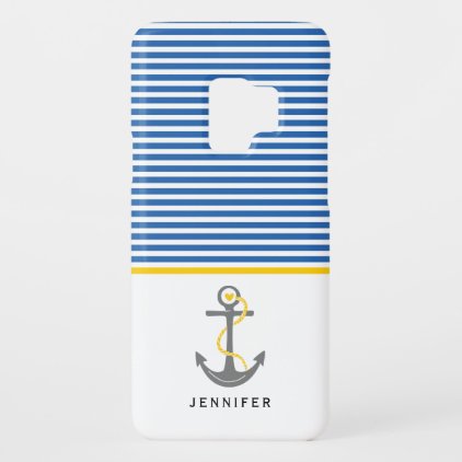 Gray anchor and blue white stripes yellow nautical Case-Mate samsung galaxy s9 case