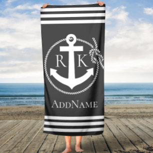 Gray Anchor Stripes Anchors Custom Bath Towel
