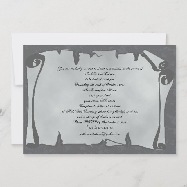 Gray Ancient Scroll Goth Wedding Invitations (Front)