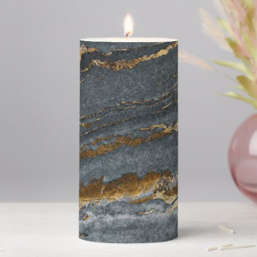 Gray and Aged Gold Abstract Marble Pillar Candle