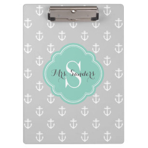 Gray and Aqua Anchors Custom Monogram Clipboard