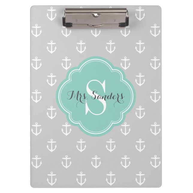 Gray and Aqua Anchors Custom Monogram Clipboard (Front)