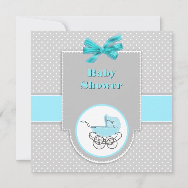 Gray and Aqua Baby Pram Baby Shower Invitation (Back)