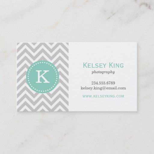 Customizable Gray and Aqua Chevron Custom Monogram Business Card Templates