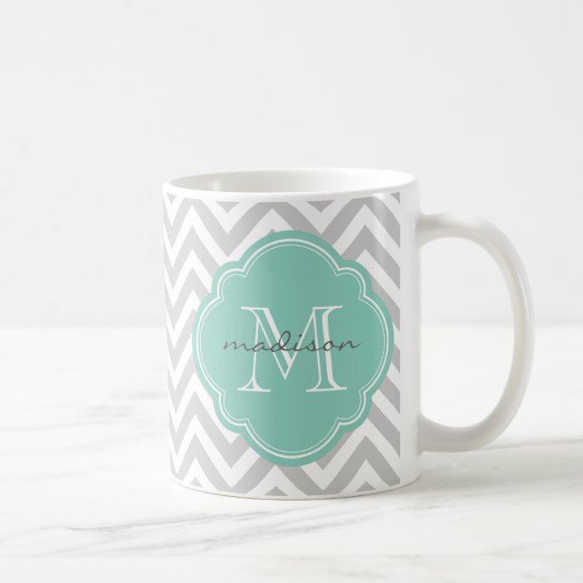 Gray and Aqua Chevron Custom Monogram Coffee Mug (Right)