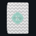 Gray and Aqua Chevron Custom Monogram iPad Mini Cover<br><div class="desc">Cute trendy chic iPad case features a preppy zigzag chevron pattern personalized with your monogram name and initial in a girly quatrefoil frame. Click Customize It to change text fonts and colors to create your own unique one of a kind design.</div>