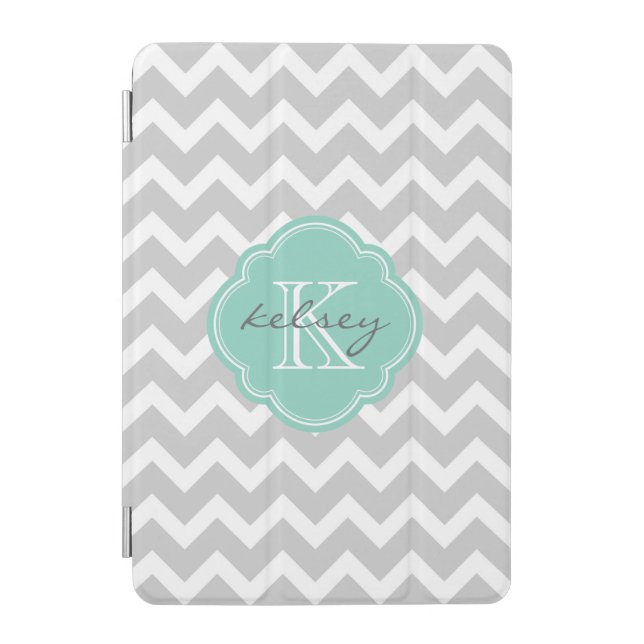Gray and Aqua Chevron Custom Monogram iPad Mini Cover (Front)