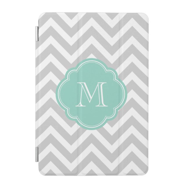 Gray and Aqua Chevron Custom Monogram iPad Mini Cover (Front)