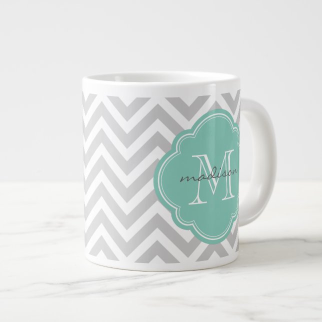 Gray and Aqua Chevron Custom Monogram Large Coffee Mug (Front Right)