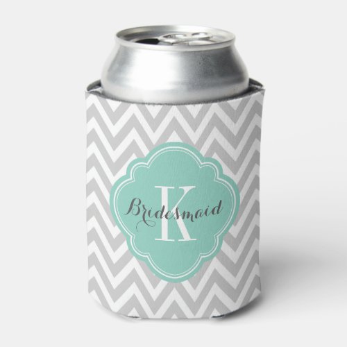 Gray and Aqua Chevron Monogram Can Cooler