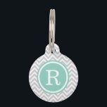 Gray and Aqua Chevron Monogram Pet Name Tag<br><div class="desc">Cute girly preppy zigzag chevron stripes pattern personalized with your pet's monogram name or initial in a chic circle frame. Back features coordinating colors and space to add your pet's name and emergency contact info. Click Customize It to change fonts and colors or add your own photos and text for...</div>