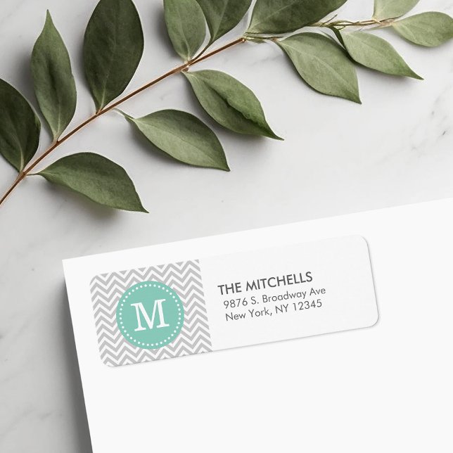 Gray and Aqua Chevron Monogram Return Address Label (Creator Uploaded)