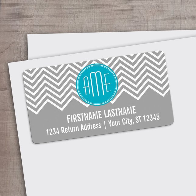 Gray and Aqua Chevron Pattern with Modern Monogram Label (Custom Address Label)
