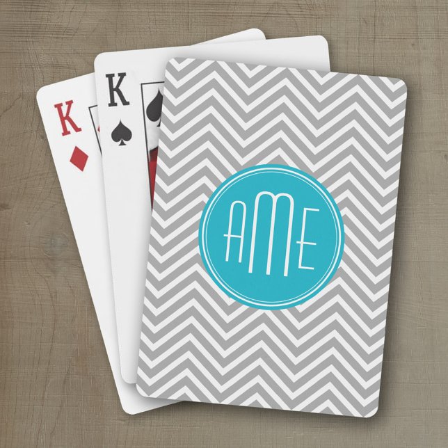 Gray and Aqua Chevron Pattern with Modern Monogram Poker Cards (Personalized playing cards with a fun area to add text such as a name or monogram)