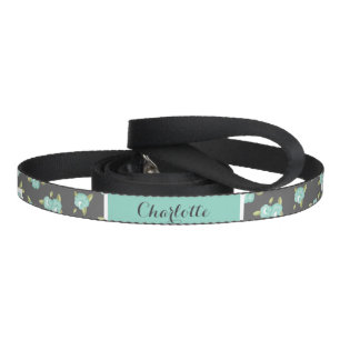 Gray and Aqua Chic Vintage Floral Print Monogram Pet Leash