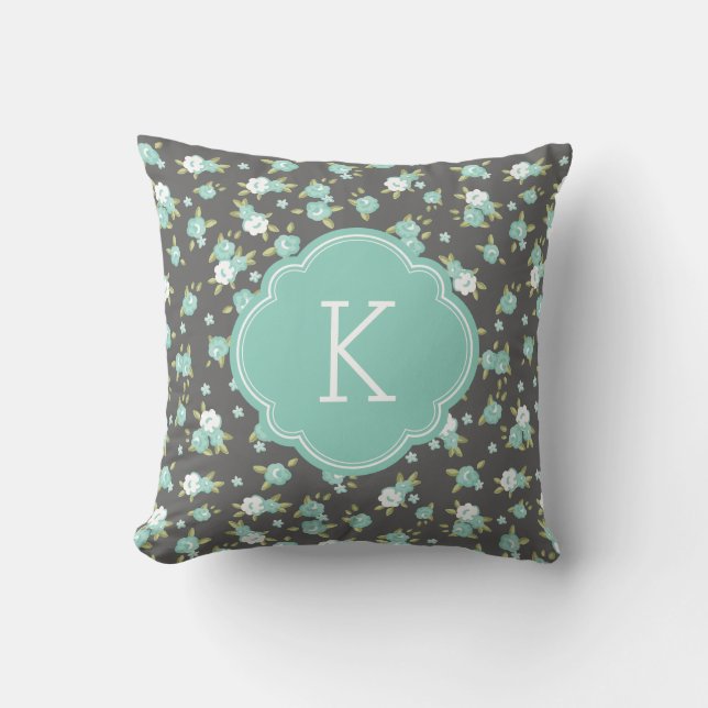 Gray and Aqua Chic Vintage Floral Print Monogram Throw Pillow (Front)