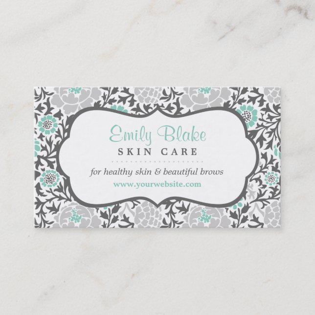 Gray and Aqua Floral Damask Appointment Card (Front)