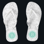 Gray and Aqua Floral Damask Monogram Flip Flops<br><div class="desc">Custom printed flip flop sandals with a stylish elegant floral damask pattern and your custom monogram or other text in a circle frame. Click Customize It to change text fonts and colors or add your own images to create a unique one of a kind design!</div>