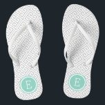 Gray and Aqua Greek Key Monogram Flip Flops<br><div class="desc">Custom printed flip flop sandals with a stylish modern Greek key pattern and your custom monogram or other text in a circle frame. Click Customize It to change text fonts and colors or add your own images to create a unique one of a kind design!</div>