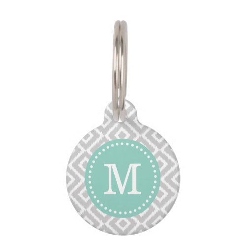 Gray and Aqua Ikat Diamonds Monogram Pet Name Tag