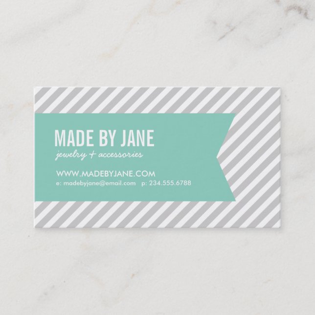 Gray and Aqua Modern Stripes and Ribbon Business Card (Front)