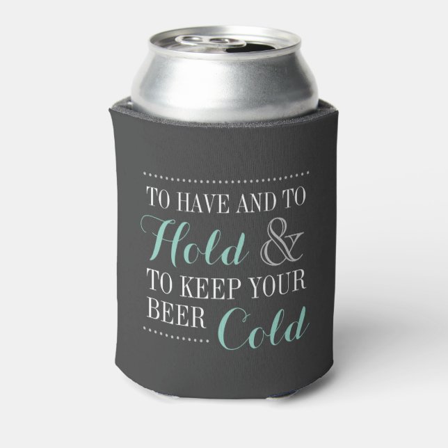 Gray and Aqua Modern Wedding Monogram Can Cooler (Can Back)