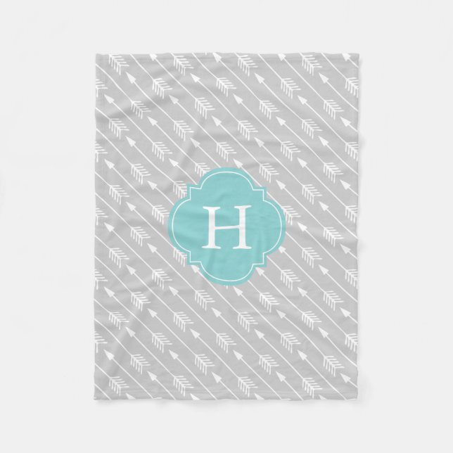 Gray and Aqua Monogrammed Arrows Pattern Fleece Blanket (Front)