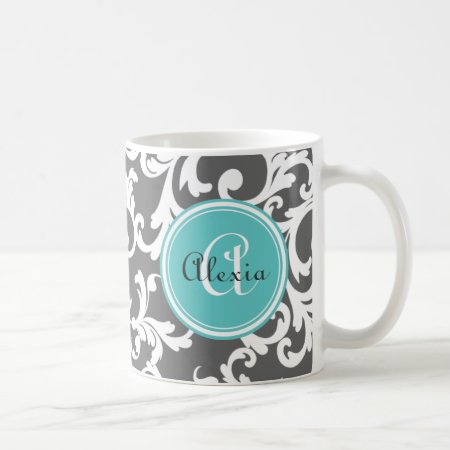 Gray And Aqua Monogrammed Damask Print Coffee Mug