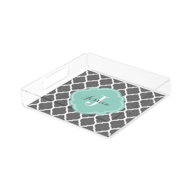 Gray and Aqua Moroccan Quatrefoil Monogram Acrylic Tray (Angled)