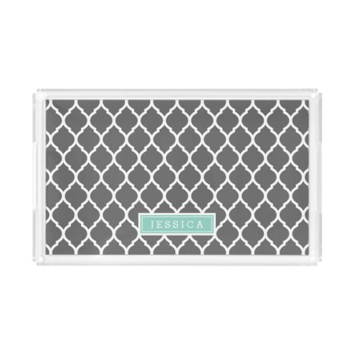 Gray and Aqua Moroccan Quatrefoil Monogram Acrylic Tray