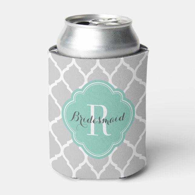 Gray and Aqua Moroccan Quatrefoil Monogram Can Cooler (Can Front)