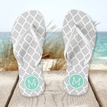 Gray and Aqua Moroccan Quatrefoil Monogram Flip Flops<br><div class="desc">Custom printed flip flop sandals with a stylish Moroccan quatrefoil pattern and your custom monogram or other text in a circle frame. Click Customize It to change text fonts and colors or add your own images to create a unique one of a kind design!</div>