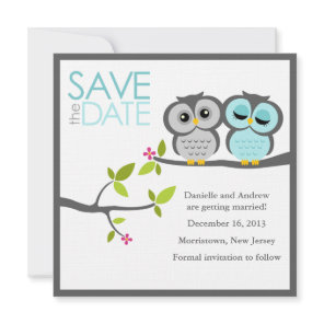 Gray and Aqua Owls Wedding Save the Date