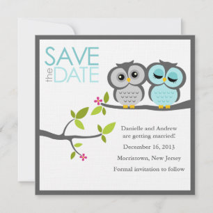 Gray and Aqua Owls Wedding Save the Date