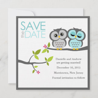Gray and Aqua Owls Wedding Save the Date Invitation