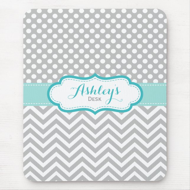 Gray and Aqua Personalized Polka Dots Pattern Mouse Pad (Front)