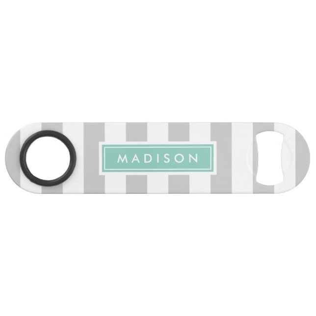 Gray and Aqua Preppy Stripes Monogram Bar Key (Front (Horizontal))