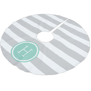 Gray and Aqua Preppy Stripes Monogram Brushed Polyester Tree Skirt