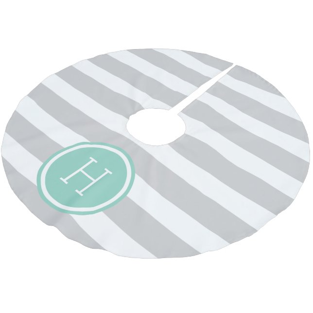 Gray and Aqua Preppy Stripes Monogram Brushed Polyester Tree Skirt (Angled)
