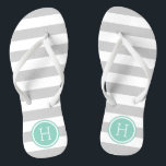 Gray and Aqua Preppy Stripes Monogram Flip Flops<br><div class="desc">Custom printed flip flop sandals with a preppy nautical stripe pattern and your custom monogram or other text in a circle frame. Click Customize It to change text fonts and colors or add your own images to create a unique one of a kind design!</div>